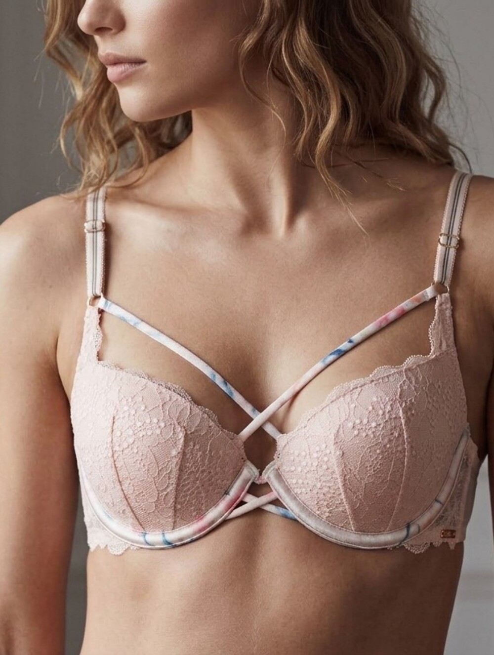 PINK Victoria's Secret Lace Push-Up Bra in Blush Pink with Tie-Dye Straps